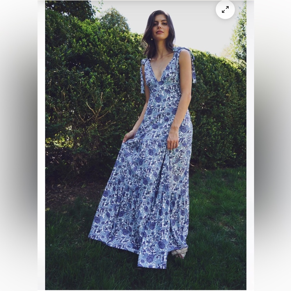 Floral Tie-Shoulder Maxi Dress in Blue